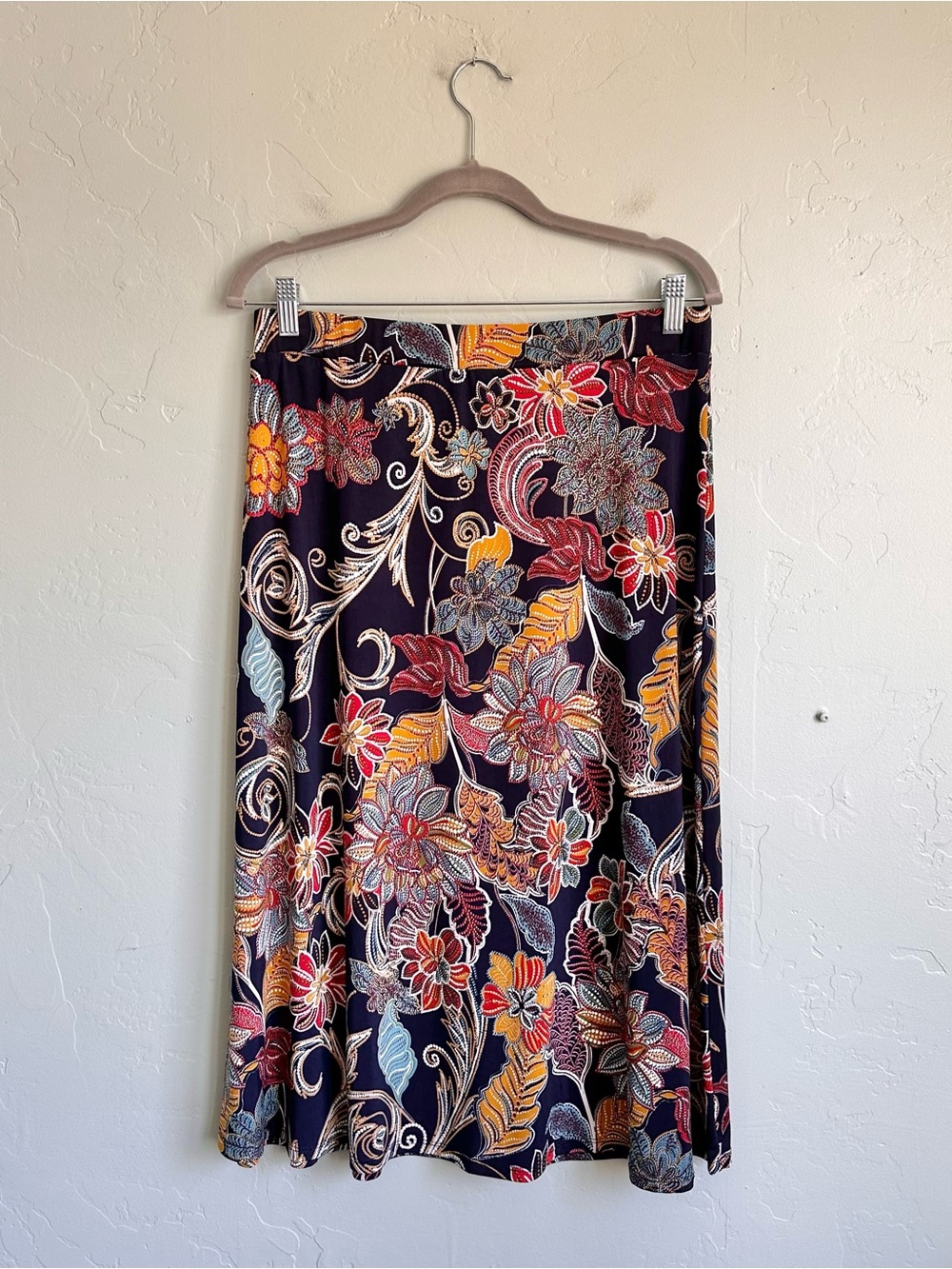 Lavish Navy Blue Midi Skirt Multicolor Floral Paisley Print Women’s Large EUC‎ - Picture 4 of 7